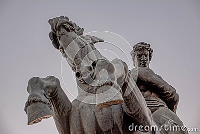 Monument of man with horse. Sculpture depicting a rider and his war horse in a rapid burst of rush at the enemy. Stock Photo