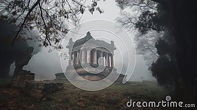 a monument in the middle of a forest on a foggy day with trees in the foreground and a few branches in the foreground Stock Photo