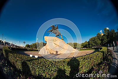 Monument of Peter the First, St.Petersburg, Russia. Fish eye lens creating a super wide angle view Editorial Stock Photo