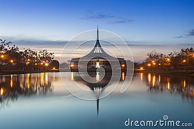 Monument in public park of thailand. Twilight shooting reflection on water concept at the Suanluang Rama 9, Thailand Stock Photo