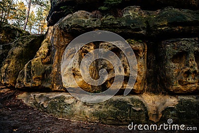 Monument sandstone rock sculptures and Harfenice Harfenist cave created by Vaclav Levy between Libechov and Zelizy, Cliff Editorial Stock Photo