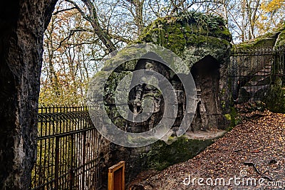 Monument sandstone rock sculptures and Klacelka cave created by Vaclav Levy between Libechov and Zelizy, Cliff carvings carved in Editorial Stock Photo