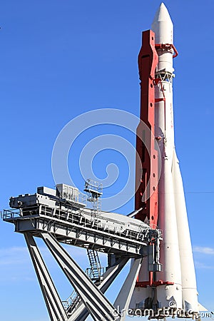 Monument of space rocket Vostok in Moscow at launching platform, Russia Editorial Stock Photo