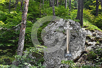 Monument Sword of the Bloods in the Kurtat Gorge of North Ossetia. North Caucasus. Republic of North Ossetia - Alania Stock Photo