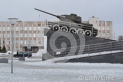 Monument `tank t-34`in the city of Kandalaksha in March 2021 Stock Photo