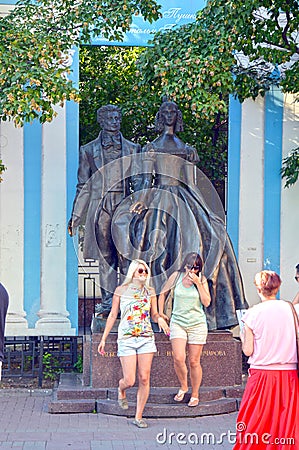 Monument to Alexander Pushkin and N Goncharova on Old Arbat sculptors AN Burganov, IA Burganov, architects EG Rozanov, EK Noise Editorial Stock Photo