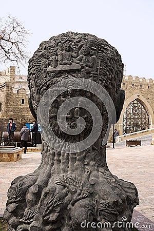 Monument to Aliaga Vahidu - Azerbaijani poet, Honored Artist of Azerbaijan SSR. It is installed on the territory of the old city i Editorial Stock Photo