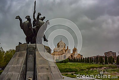 Monument to Andranik Zoravar against the background of St. Gregory the Illuminator Church in the center of Yerevan, May Editorial Stock Photo
