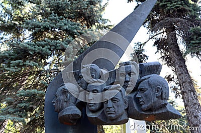 Monument to the crew of the TU-144 aircraft, who was injured in Le Bourget on June 3, 1977, at the Novodevichy Cemetery in Moscow Editorial Stock Photo