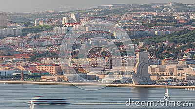 Monument to the Discoveries aerial timelapse located on the northern bank of the Tagus River in Lisbon, Portugal Stock Photo