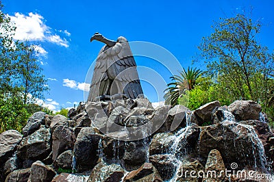 Monument to the eagle on the rocks. Surrounded by a pond. In the public park of La Carolina, Quito. Ecuador. Editorial Stock Photo