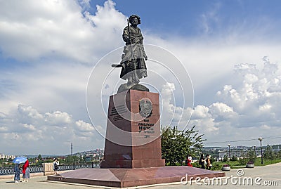 Monument to the founder of Irkutsk Cossack Yakov Pokhabov. Editorial Stock Photo