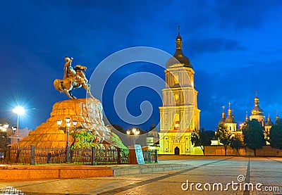 Monument to hetman of Ukraine Bogdan Khmelnitsky and Saint Sophia Cathedra Stock Photo