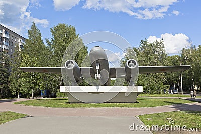 Monument to the IL-28 airplane - the first in the USSR jet tactical bomber on the Okrugny highway in the city of Vologda Editorial Stock Photo