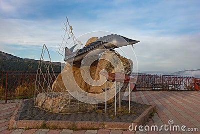 Monument to the king-fish on the observation deck in Krasnoyarsk Editorial Stock Photo