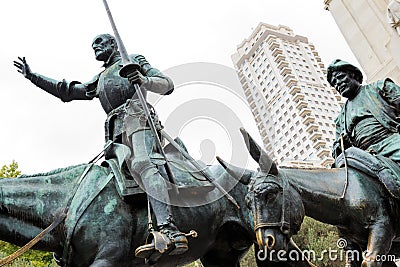 Monument to Miguel de Cervantes, Don Quixote and Sancho Panza in bronze, Madrid, Spain Editorial Stock Photo