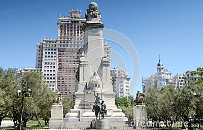 Monument to Miguel de Cervantes Saavedra on Plaza de Espana (Spain Square), Madrid, Spain. Stock Photo