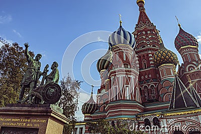 The Monument to Minin and Pozharsky in front of Saint Basil`s Cathedral at Red Square in Moscow, Russia. Stock Photo