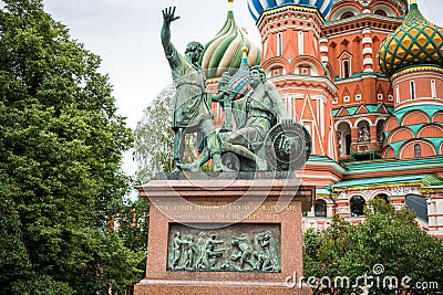 Monument to Minin and Pozharsky, a bronze statue on Red Square in Moscow, Russia, in front of Cathedral of Vasily the Blessed Editorial Stock Photo