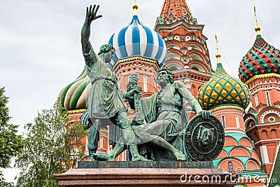 Monument to Minin and Pozharsky, a bronze statue on Red Square in Moscow, Russia, in front of Cathedral of Vasily the Blessed, or Editorial Stock Photo