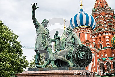 Monument to Minin and Pozharsky, a bronze statue on Red Square in Moscow, Russia, in front of Cathedral of Vasily the Blessed Stock Photo