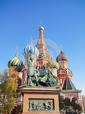 Monument to Minin and Pozharsky and Saint Basil`s Cathedral Editorial Stock Photo