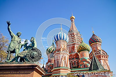 Monument to Minin and Pozharsky and Saint Basil`s Cathedral Editorial Stock Photo