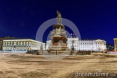 Monument to Nicholas I on St Isaac`s Square at night in winter. Saint Petersburg. Russia Editorial Stock Photo