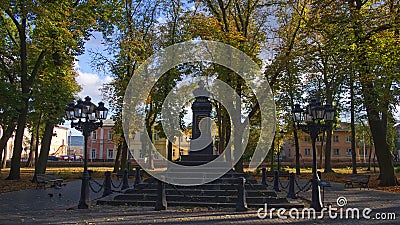 A monument to Nikolai Gogol, a genius writer, in the city of Nizhyn, Chernihiv region, is located on the main alley in Gogol Stock Photo