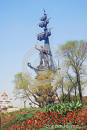 Monument to Peter the Great and Christ the Saviors church in Moscow. Editorial Stock Photo