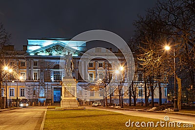 Monument to Peter I in front of Saint Michael`s Castle at night. Saint Petersburg, Russia Editorial Stock Photo