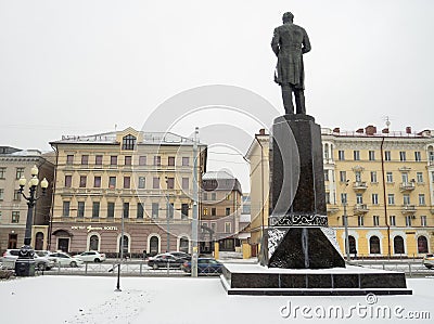 Monument to the poet in the first snow in the city park. Editorial Stock Photo