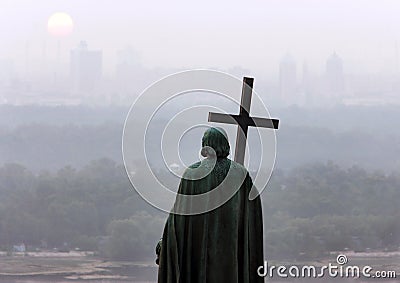 The monument to Prince Vladimir on the background of the Dnieper Stock Photo