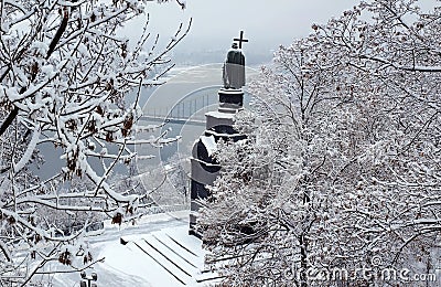 Monument to Prince Vladimir in the snow Stock Photo