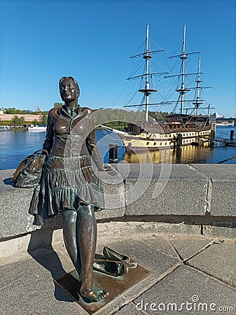Monument to a resting girl on the banks of the Volkhov River in the city of Veliky Novgorod Editorial Stock Photo