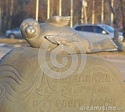 Monument to the seal on the central square in city of Kandalaksha Editorial Stock Photo