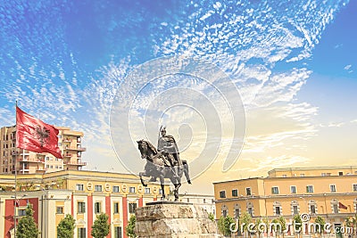 Monument to Skanderbeg in Scanderbeg Square in the center of Tirana, Albania Stock Photo