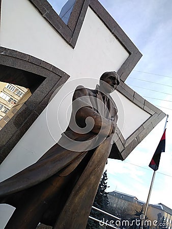 Monument to Stepan Bandera in Ivano-Frankivsk. Editorial Stock Photo