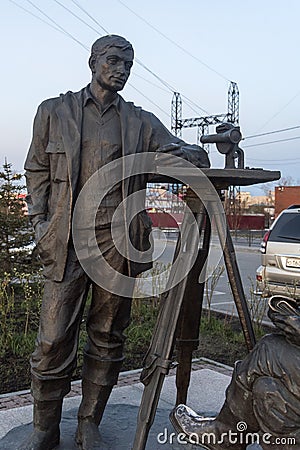 Monument to surveyors-prospectors at the Lower Quay of the Angara Editorial Stock Photo