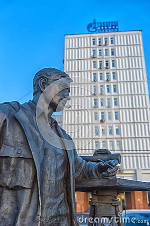 Monument to surveyors-prospectors at the Lower Quay of the Angara Editorial Stock Photo