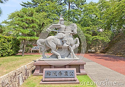 Monument to Yuki Hideyasu in Fukui Castle, Japan Stock Photo