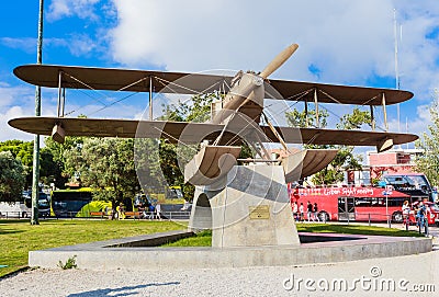 View monument of two fliers, Gago Coutinho and Sacadura Cabral who fllew in their bi plane from Lisbon to Rio de Janeiro in 1922. Editorial Stock Photo