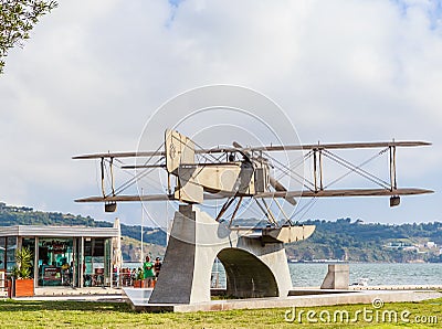 View monument of two fliers, Gago Coutinho and Sacadura Cabral who fllew in their bi plane from Lisbon to Rio de Janeiro in 1922. Editorial Stock Photo