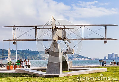 View monument of two fliers, Gago Coutinho and Sacadura Cabral who fllew in their bi plane from Lisbon to Rio de Janeiro in 1922. Editorial Stock Photo