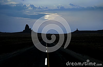 Monument Valley road moonlight Stock Photo