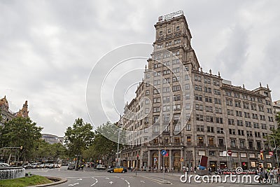 Monumental building, bank vitalici spain by Lluis Bonet influenced by Chicago school architecture, eixample quarter,Barcelona. Editorial Stock Photo