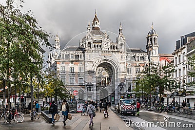 Monumental Central Station building, Antwerp, seen from the Keij Editorial Stock Photo