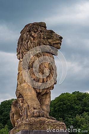 The monumental lion atop the Gileppe Dam. Stock Photo