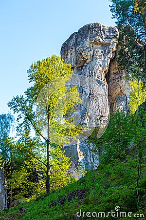 Monumental sandstone rock formation in the miidle of spring forest of Bohemian Paradise, Czech: Cesky raj, Czech Stock Photo