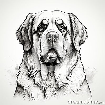 Monumental Scale Black And White Dog Drawing With Strong Graphic Elements Cartoon Illustration